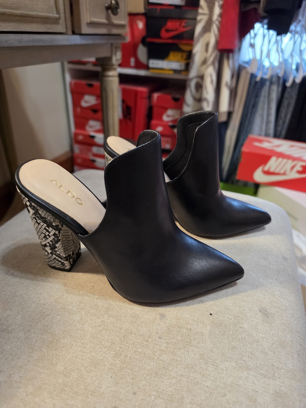 ALDO Black Pointed Mule Heels with Snake-Print Block Heel